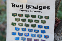 Bug Badges kids STEM subscription banner hanging on a tree, showing “Explore & Collect” and rows of collectible enamel insect pins