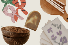 a collage of each of the items in the sustainable box including coconut bowls, greeting cards, bamboo straws, turmeric and lime soap