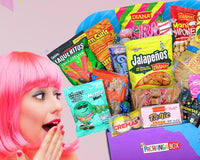 Pachanga Box featuring the snacks from El Salvador with a woman admiring the box and all of the snacks included with a pink background. 