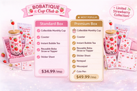 Strawberry themed bubble tea subscription box featuring a collectible boba cup with bamboo lid, instant strawberry milk tea, reusable straw 