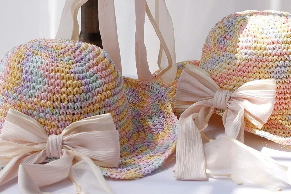 Monaco Cream Rose Ombré Ribbon Bow Straw Hat, Group Wedding and Anniversary Gift Hat, Mother's Day Gift