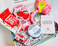 summer fruity gift box for teen girls,: self care skin care items,  treats and positive messages are included in the box
