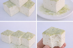 Sour Apple gourmet marshmallow squares in seasonal flavors on a white plate. This is a gluten-free marshmallow.