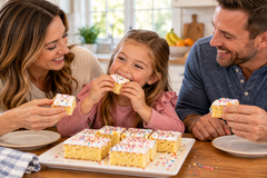 A family enjoys slices of school cake together, showing a warm and inviting way children and adults can share a simple recipe