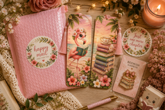 Light flamingo bookmark subscription featuring two floral reading bookmarks, matching sticker, pastel mailer, and bookish surprise.