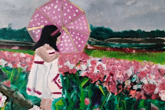 Notecard sample for happy mail- little girl holding an umbrella in a field of pink flowers