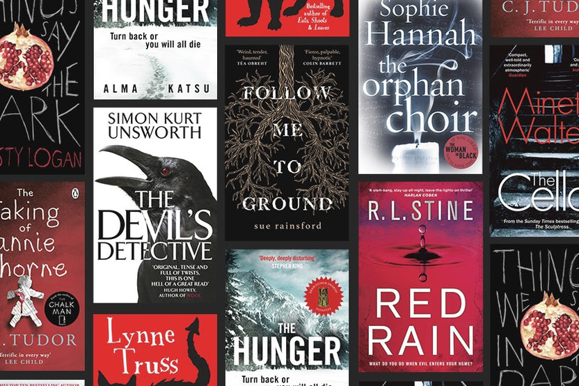 plenty of different hardcover horror or scary book titles like: red rain, the devils detective or follow me to ground.
