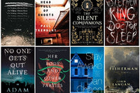 Eight different book titles from different authors. All of them are in the horror or thriller genre.