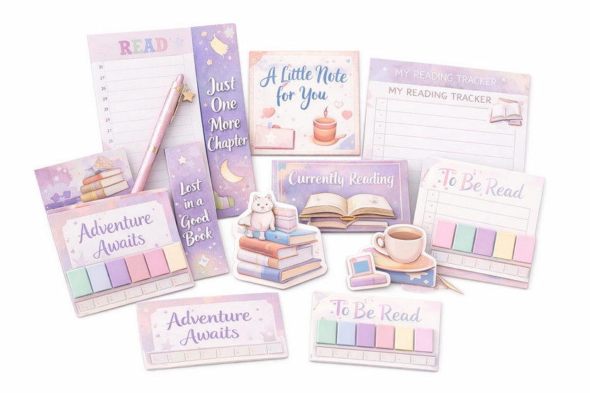 Bookmark stationery bundle includes: Annotated tabs, bookmarks, scented card from us, notepad, stickers, ink pen and a reading tracker.  