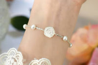 Sara Roses Flower Ivory Silver Pearl Ball Charm Gift Bracelet
