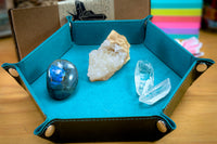 Enchanted Crystal Kids Crystal Box in a green felt-lined snap tray with three crystal varieties on display