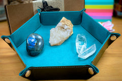 Enchanted Crystal Kids Crystal Box in a green felt-lined snap tray with three crystal varieties on display