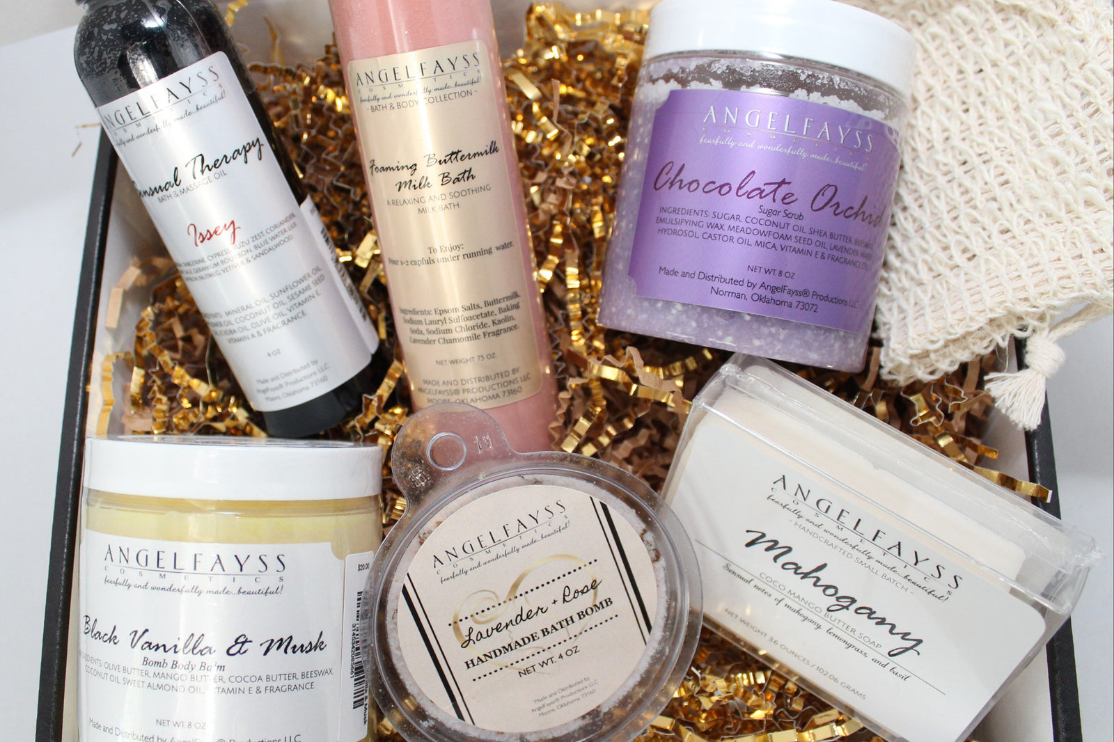 AngelFayss Productions beautifully curated subscription box of high quality, handcrafted bath and body products.