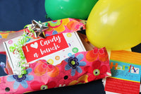 Give the I heart Candy a bunch box as a gift for any occasion.  Box shown here with balloons and wrapping paper. 