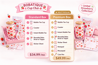 “Bubble tea subscription box with collectible boba cup, strawberry milk tea, straw topper, coaster, and kawaii stationery items