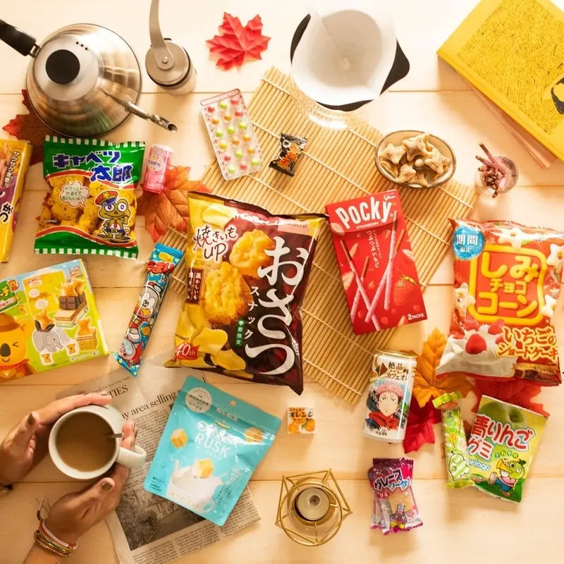 Birds-eye view of multiple bags of snacks on a table