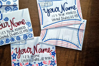 Three hand-decorated patriotic envelopes featuring red and blue stars, swirls, stripes, handwritten names and sample U.S. addresses.