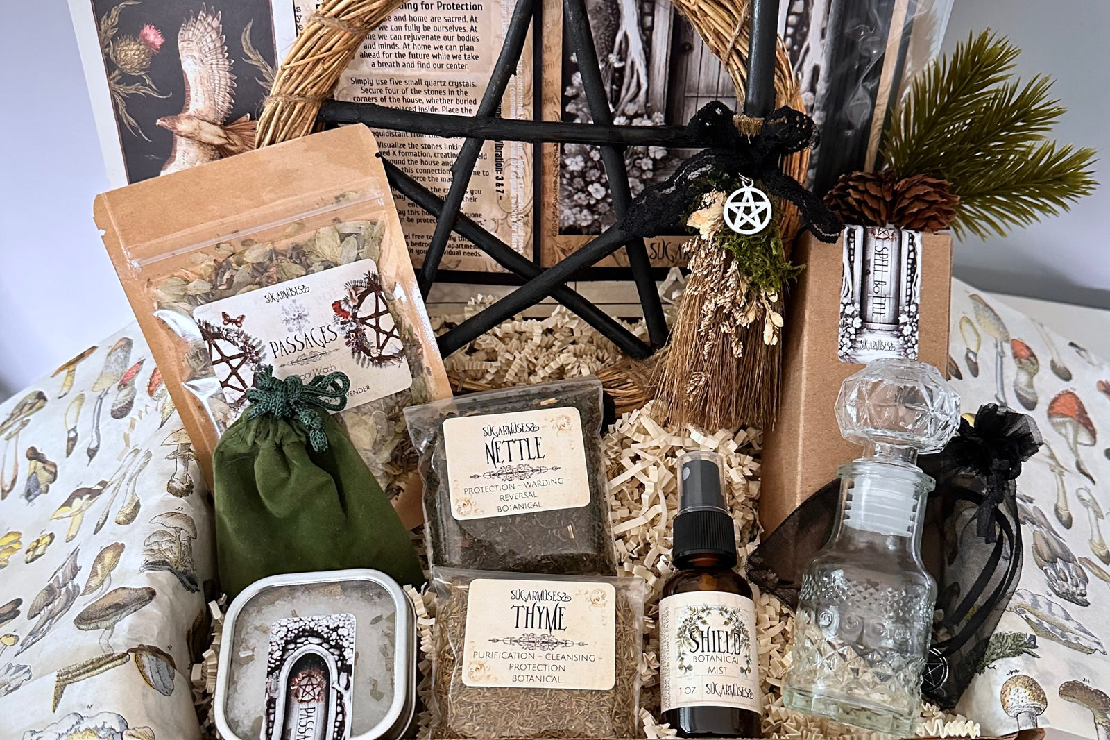 SugarMuses November 2024 "Boundary Magick" box. Items provided to prepare your home metaphysically for the upcoming seasonal celebrations.