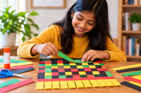A tween girl is sitting at a table weaving strips of paper to make the kente cloth craft for Kwanza.
