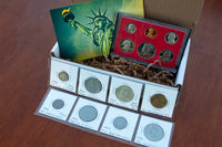 Sample Pro Style Sports Silver Coin box with US proof set, foreign coins, new and old US coins, silver collectable coins. 