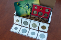 Sample Pro Style Sports Silver Coin box with US proof set, foreign coins, new and old US coins, silver collectable coins. 