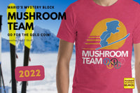 Mario's Mystery Block Shirt - Red tee with 'MUSHROOM TEAM' and a retro skier silhouette reminiscent of the Olympics.