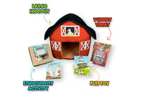 Barnyard Guinea Pig Pak featuring a large red barn hideout, Barnyard Treasure Box enrichment activity, Oxbow carrot and dill treats, natural