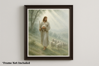 Smiling woman holding an 8x10 Christian art print of Jesus joyfully embracing a young child in a watercolor style. Frame Not Included 
