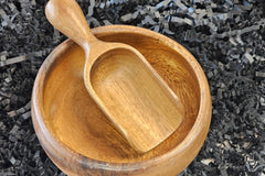 Matching 4" acacia wood bowl & scoop—perfect for serving snacks, tea, or coffee with rustic style and natural warmth.