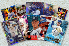 Arrangement of 10 baseball card inserts, including stars like Bobby Witt Jr. and Aaron Judge, fanned out on a white background.