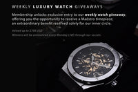 Monthly Maestro box with curated luxury essentials, gift card, and access to exclusive watch giveaways.