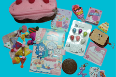 Happy Birthday Stationery Set. Includes journal, cherry pencil case, magnets, mini party hats, erasers, stickers, keychain, sticky notes.