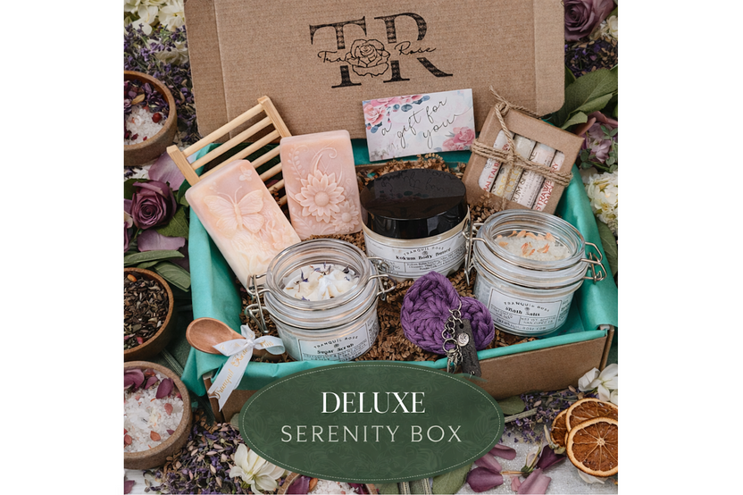 Classic Bliss self-care subscription box with handmade soap, bath salts, sugar scrub, and body cream
