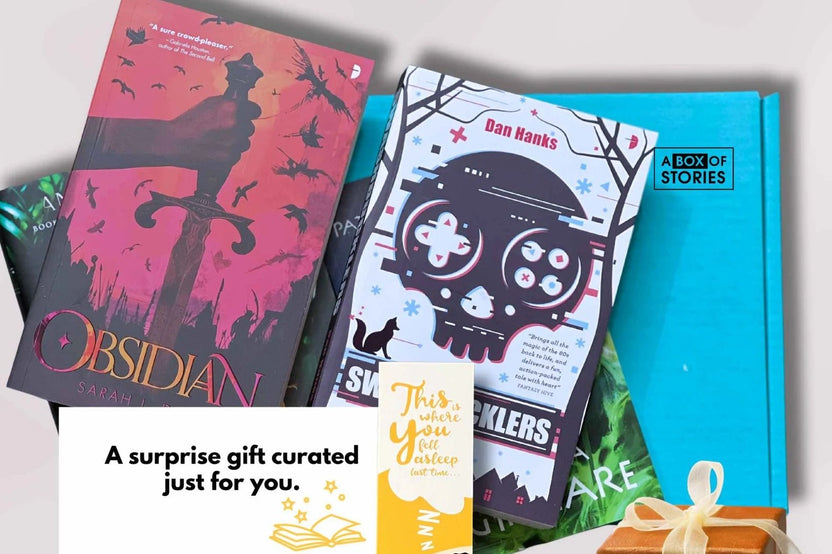 Brown subscription box filled with four fantasy novels, featuring magical worlds and adventurous plots for fans of imaginative storytelling