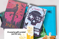 Brown subscription box filled with four fantasy novels, featuring magical worlds and adventurous plots for fans of imaginative storytelling