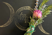Here is an example of a Busy Witch Box Herbal Cleansing Bundle. Organic Dried Rosemary, Lavender and Rose, wrapped with green thread. 