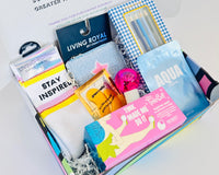 Easter gift box for teen girls,: self care skin care items,  stationery, socks and positive messages are included in the box