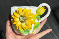 Hand Sculpted Floral Ceramic Art，a one of a kind coffee mug or a handcrafted tea cup.Enjoy with afternoon reading or during teatime.