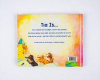 Back cover of Tía Is shows a warm watercolor landscape with Moshi and the other dogs inviting young readers into Tía’s world.