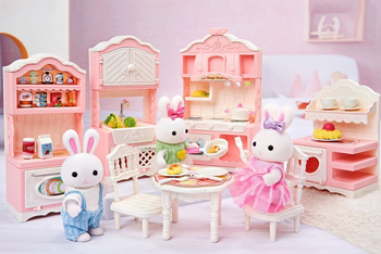 This is a photograph of tiny bunnies in a home kitchen.  The bunnies have clothes on!   Super Special 