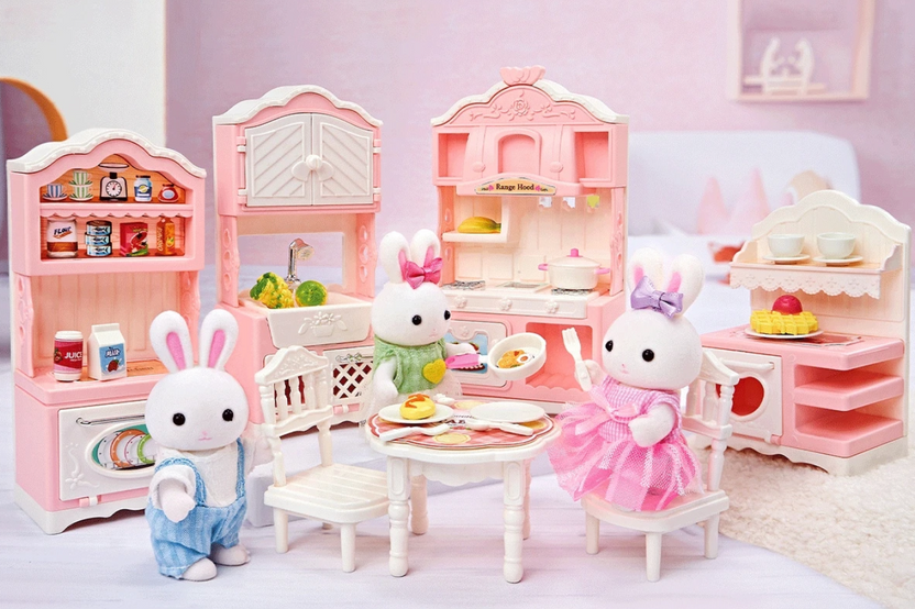 This is a photograph of tiny bunnies in a home kitchen.  The bunnies have clothes on!   Super Special 