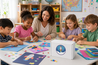 Children creating colorful paper crafts at a table with an adult, showing hands-on creative learning  with Little Dreamers Club