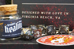 DnD Small business designed with love in Virginia Beach, Virginia custom stickers, dice and journals