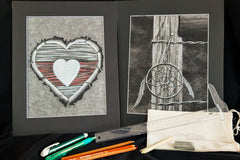 Our February 2026 Art Box, will include the drawings, Ripped Heart and Dream Catcher.  Come and get dirty with us and create.
