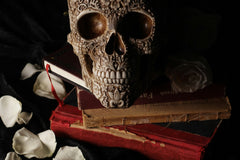 scary looking and old red and brown books with a designer skull laying on top of them. The background is plain black.