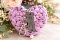Handcrafted purple heart keychain with gold clasp and pearl accent
Crochet heart keychain accessory from Tranquil Rose boutique
