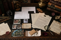 Cozy mystery gift subscription with snail mail letters, interactive puzzles, detective story, premium tea, and collectible paper goods.