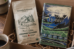 The Hobbit by J.R.R. Tolkien hardcover novel with Homeward coffee blend in a fantasy book subscription box