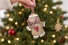 A hand holding the wooden gingerbread man ornament by its gingham ribbon loop in front of a softly lit Christmas tree
