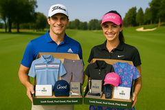Male and Female Golfer holds Cratejoy subscription box with polo, floral shirt, glove, rangefinder, tees, & accessories. The perfect git!